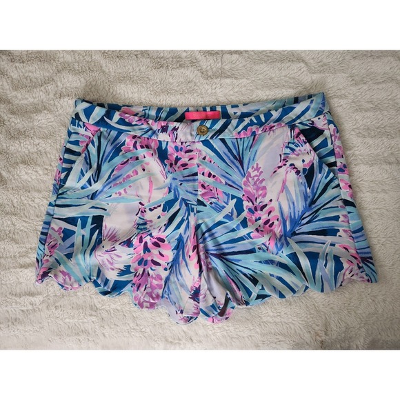 Lilly Pulitzer Pants - Lilly Pulitzer Buttercup Scallop Hem Shorts 12 Blue Pink Floral Palm Paradise